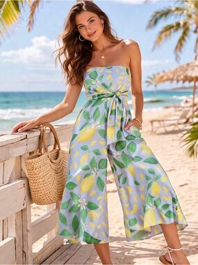 Anthropologie x Maeve Lemon Grove Strapless Lemon-Blue Wide-Leg Jumpsuit size 6